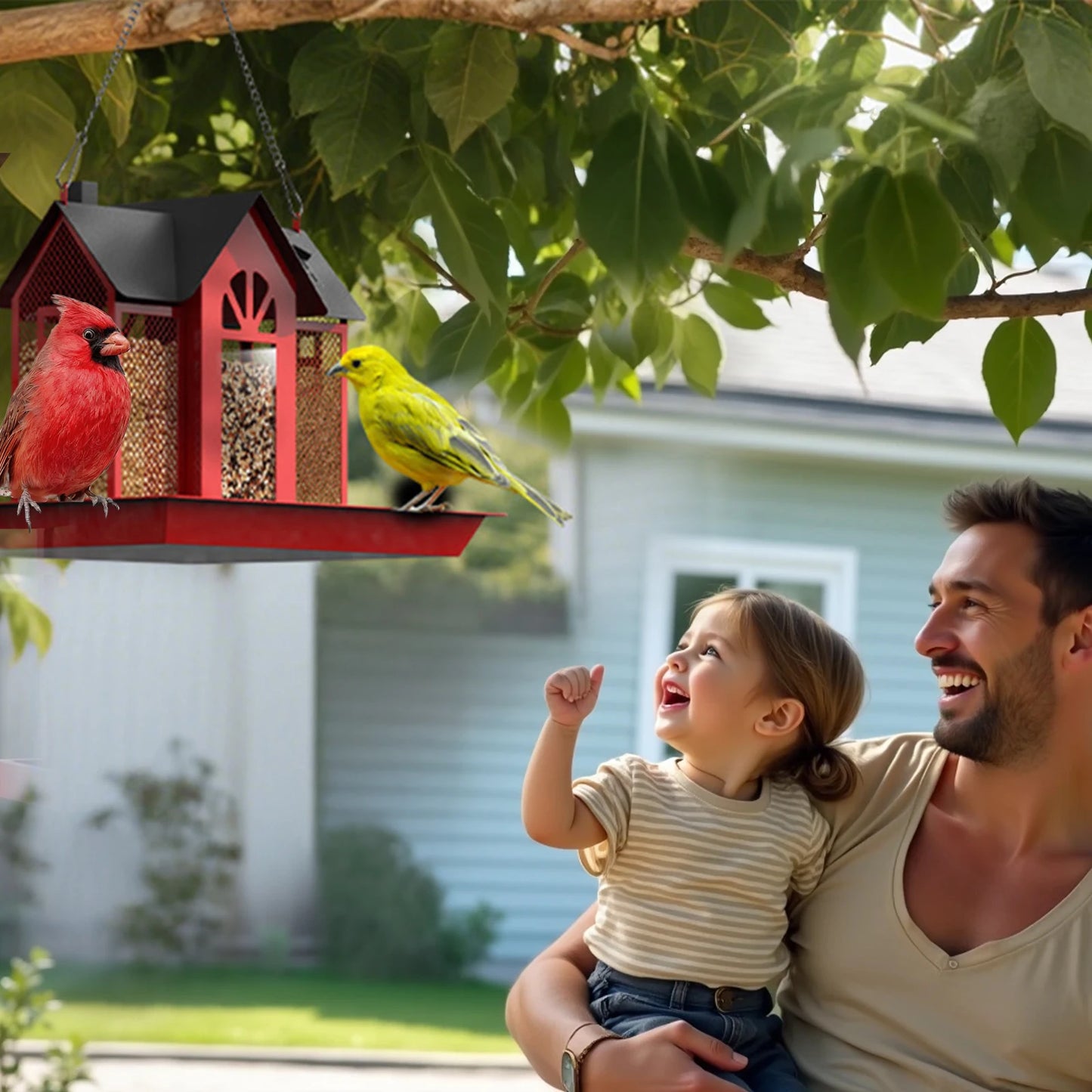 Spacious metal mesh bird feeder with triple compartments. Durable, easy to hang outdoors. Perfect gift for bird lovers.