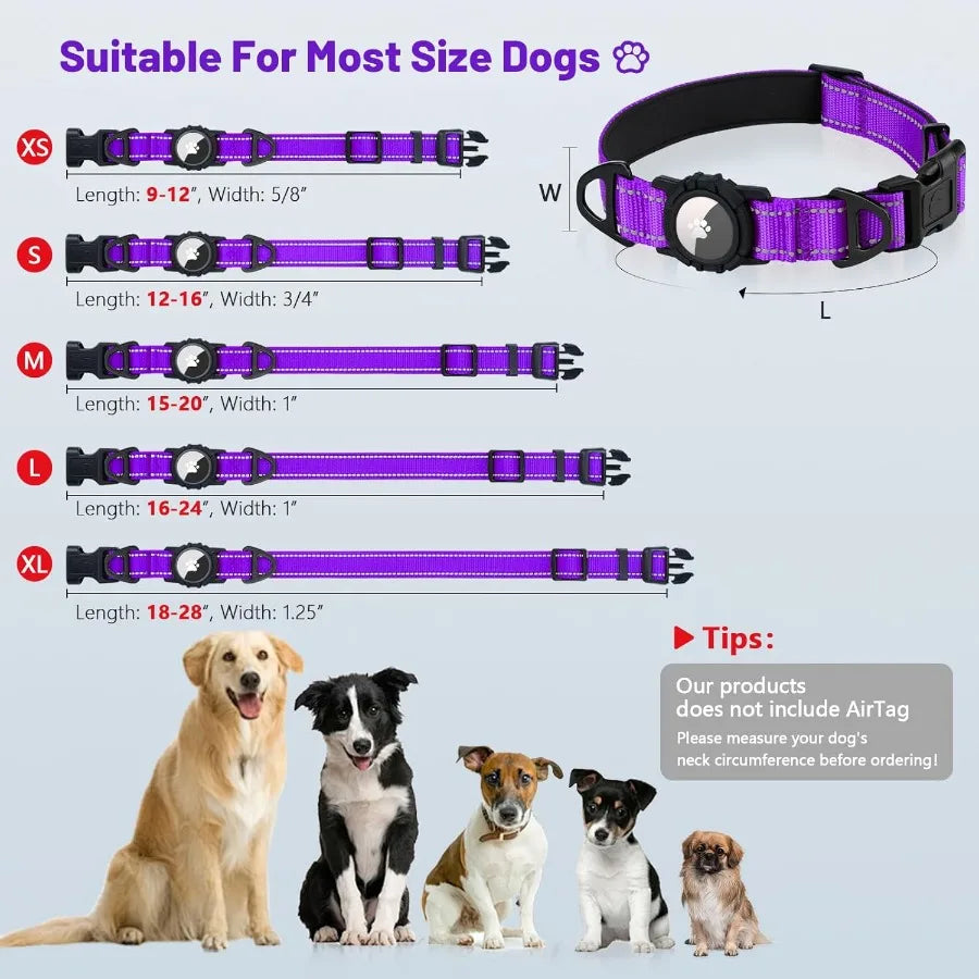 Reflective AirTag Dog Collar with Airtag Holder Dual DRings Safety Locking Buckle Durable Adjustable Soft Padded for Medium Dog