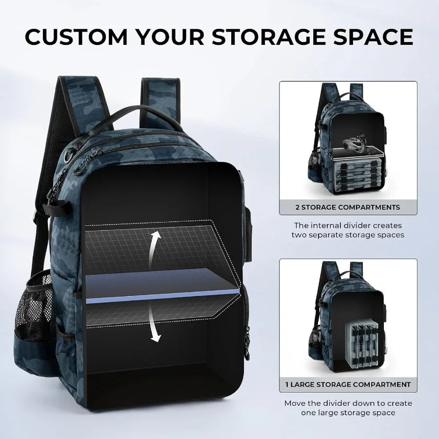 BaitSpace 50L Fishing Tackle Backpack with Removable Bait Binder 2 Rod Holders Durable Storage for Fishing Gear and Equipment I