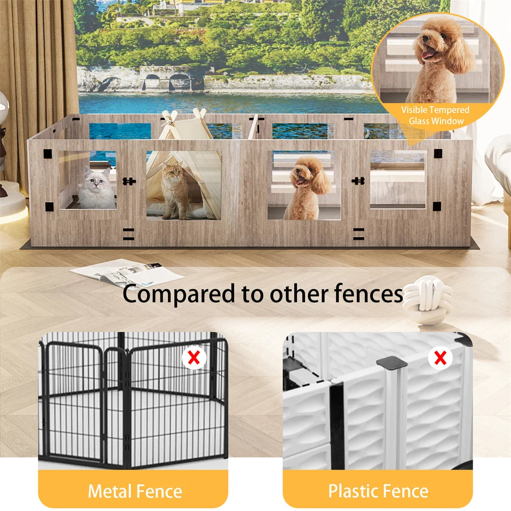 XXL Dog Whelping Box Playpen Indoor Tempered Glass Pet Two Rooms Giving Birth Kennel Playpen with Rails Waterproof Fertility Pad
