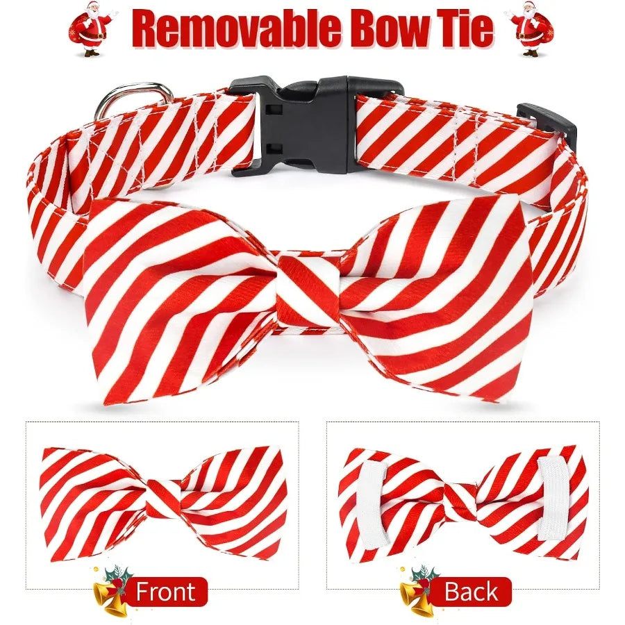 2 Pack Christmas Collar with Bowtie Classic Stripe Dog Christmas Collar for Girl and Boy Cute Adjustable Collars for Small Medi