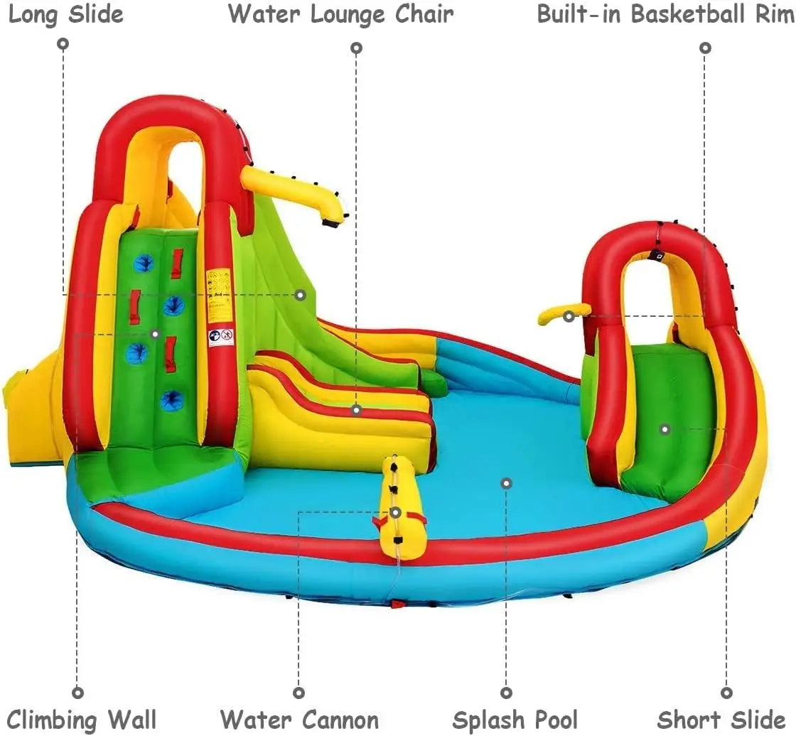 Inflatable Water Slide with 550w Blower, 7 in 1 Bouncy Inflatable Water Park w/Two Slides, Climbing Wall & Splash Pool, Hose