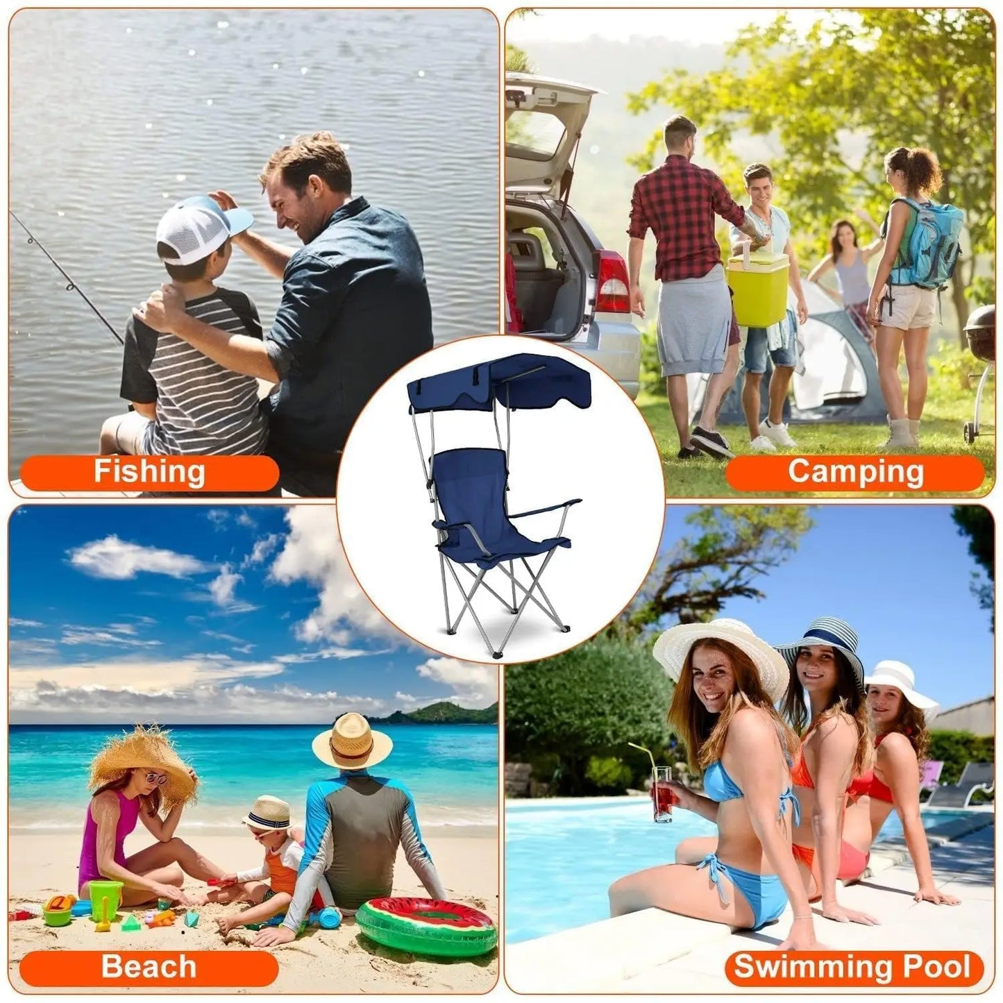 Camping Chair with Canopy, Outdoor Folding Lounge Chair with Adjustable UPF 50+ Sun Shade & Cup Holder, Portable Camping Recline