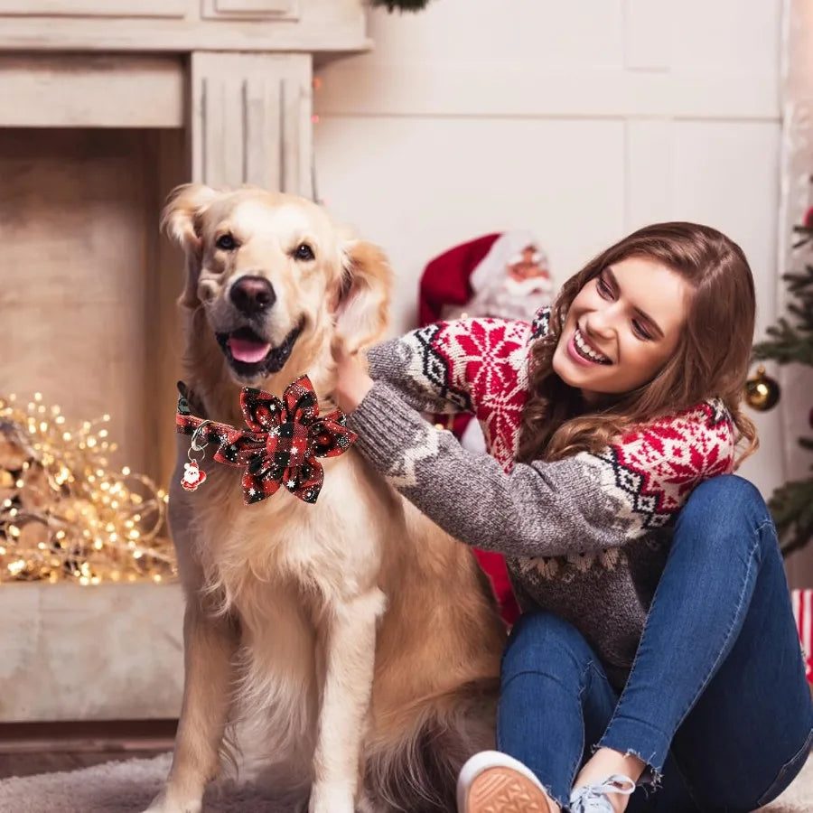 2pcs Christmas Dog Collar with Flower Adjtable Plaid Dog Collar Detachable Holiday Dog Collars with Pendant Snowflake Pet Chris