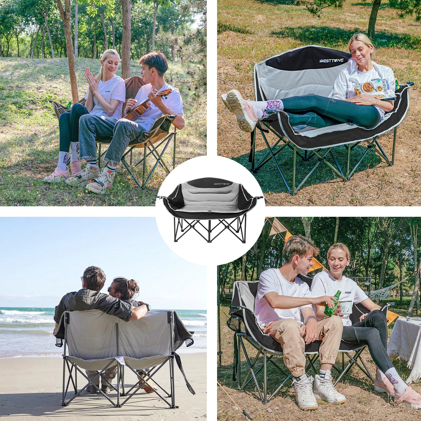WESTTUNE Double Camping Chair Oversized Loveseat Outdoor Couch Heavy Duty Outdoor Folding Chair with Cup Holder Support 440 lbs