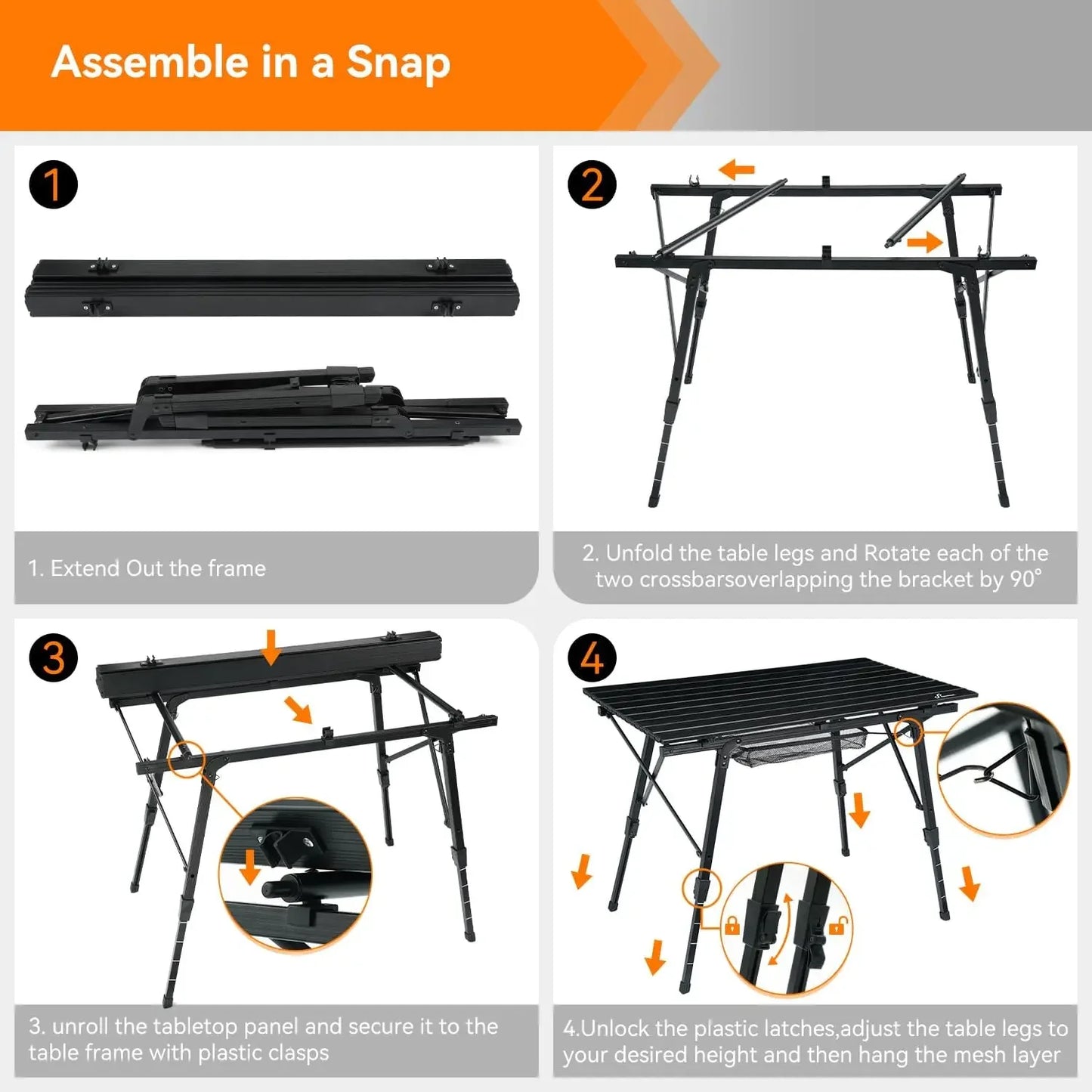 Customizable Camping Tables That Fold Up Lightweight, Adjustable Height Aluminum Folding Table with Top Mesh Layer, Roll Up Camp