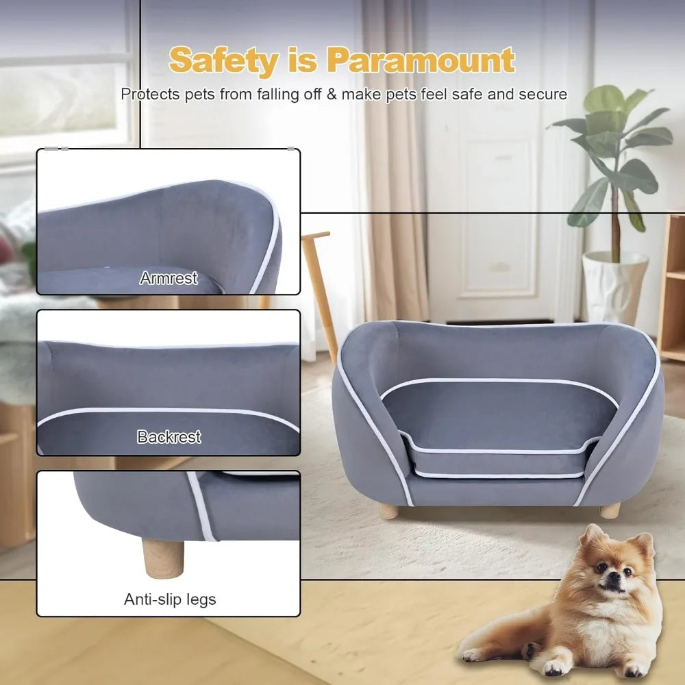 "gray 27-inch pet sofa with cushion, removable cover and wooden legs for small dogs and cats"