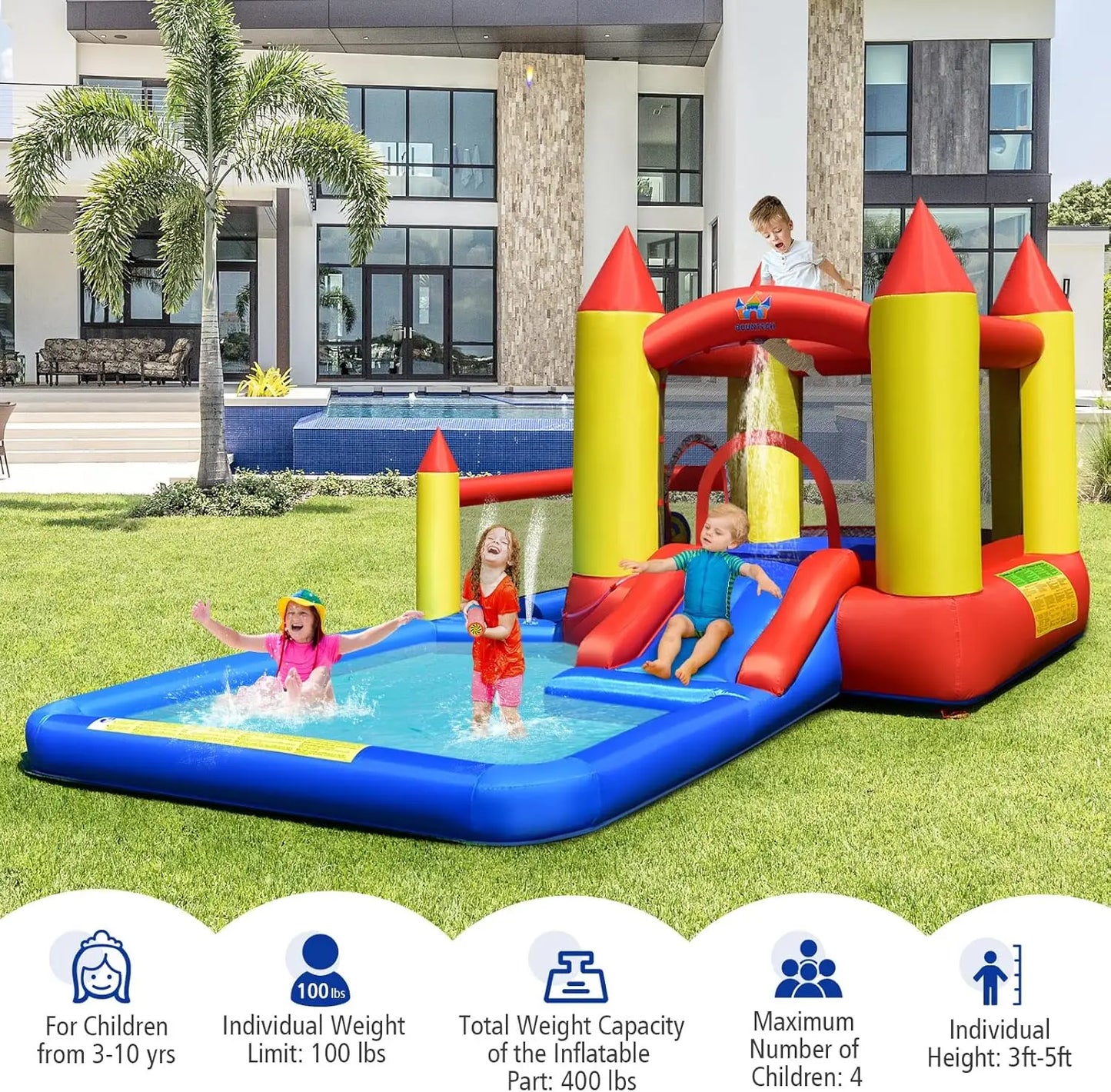 Inflatable Water Slide Castle Kids Bounce House Indoor & Outdoor w/ 480W Blower