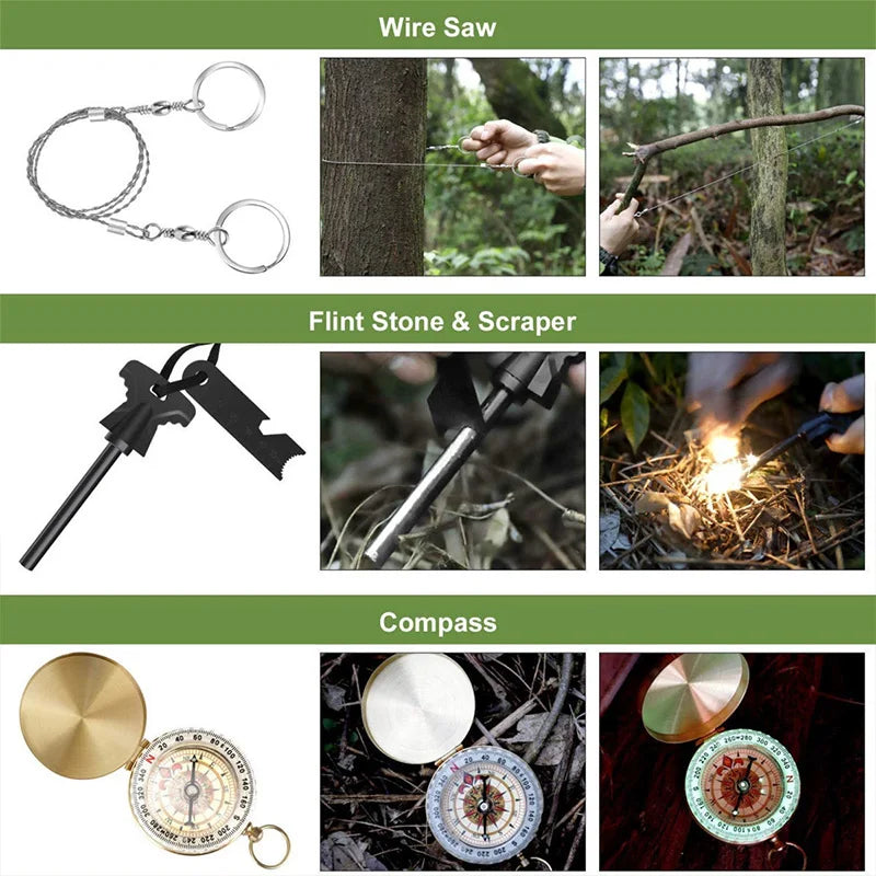 18in1 Multifunctional Emergency Equipment Outdoor Survival Kit Military Outdoor Travel Exploration Camping Tools First Aid Kits