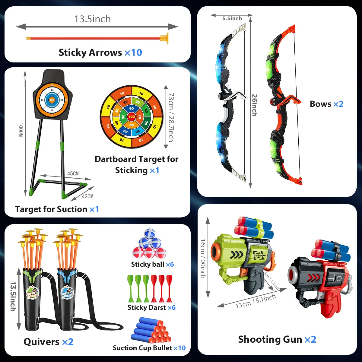VATOS 2X Bow Arrow + Guns Toy For Kids Night-Light Archery Stand Target Board Indoor Outdoor Game Toys Boys Girls Christmas Gift