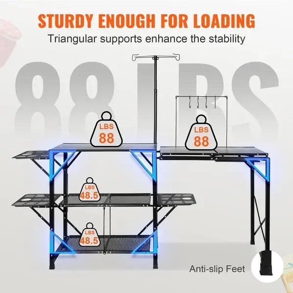 Camping Kitchen Table, Portable Cook Station, 3 Side Tables, 2 Shelves, Detachable Sink, Carrying Bag