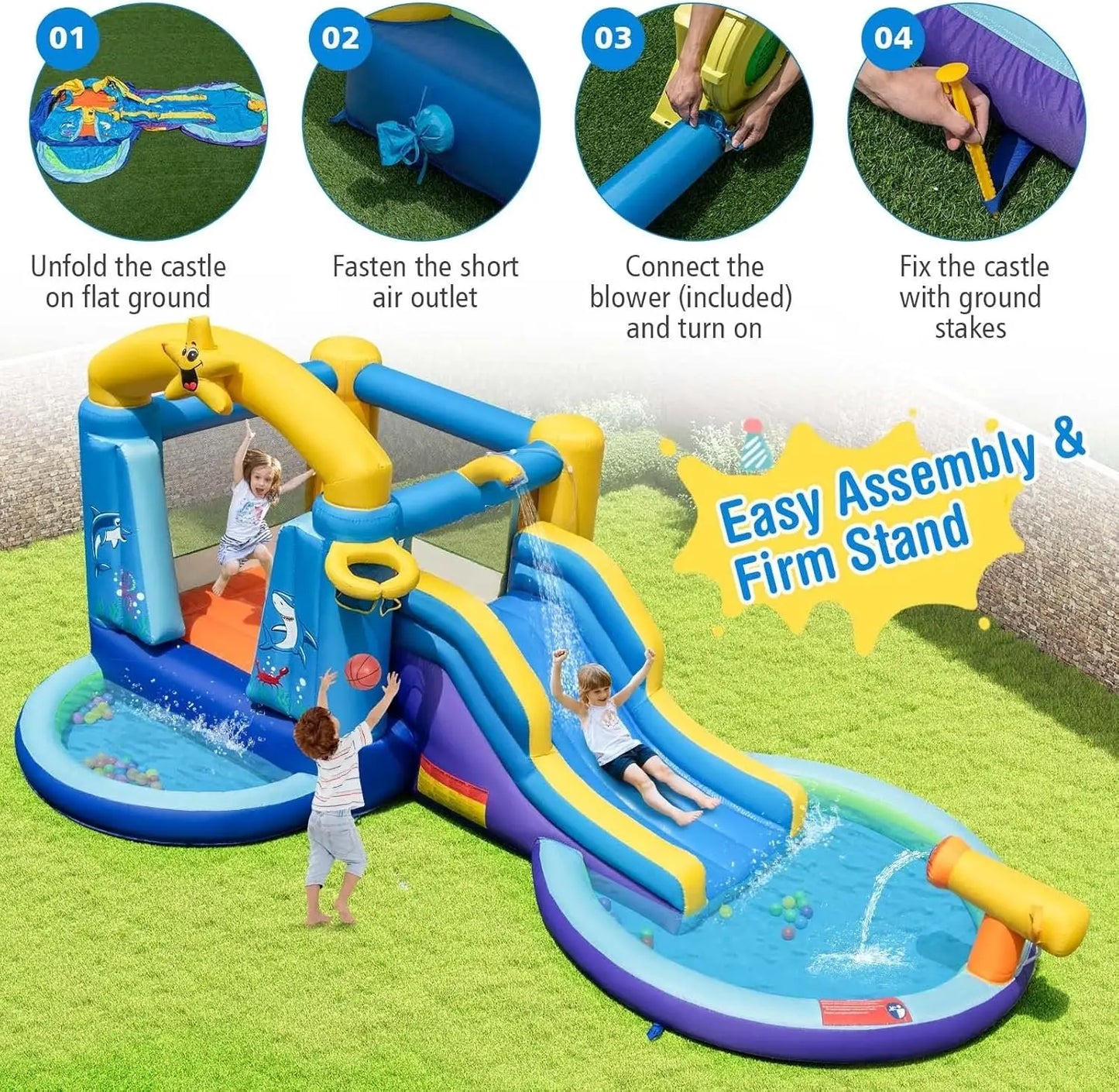 Inflatable Water Slide, Water Bounce House with Waterslide & Ball Pit Wet Dry for Kids Indoor Outdoor Party Family with 735w Blo