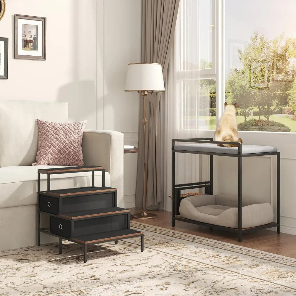 360° rotating & adjustable pet feeder perch, staircase bunk bed with storage drawers, elevated dog bed platform