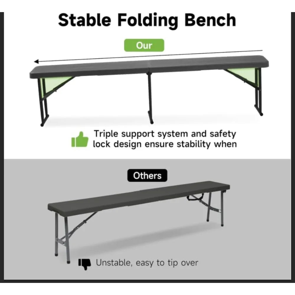 6 Foot Folding Picnic Table Set with Two Benches, Portable Black HDPE Wood-Grain Outdoor Camping Furniture