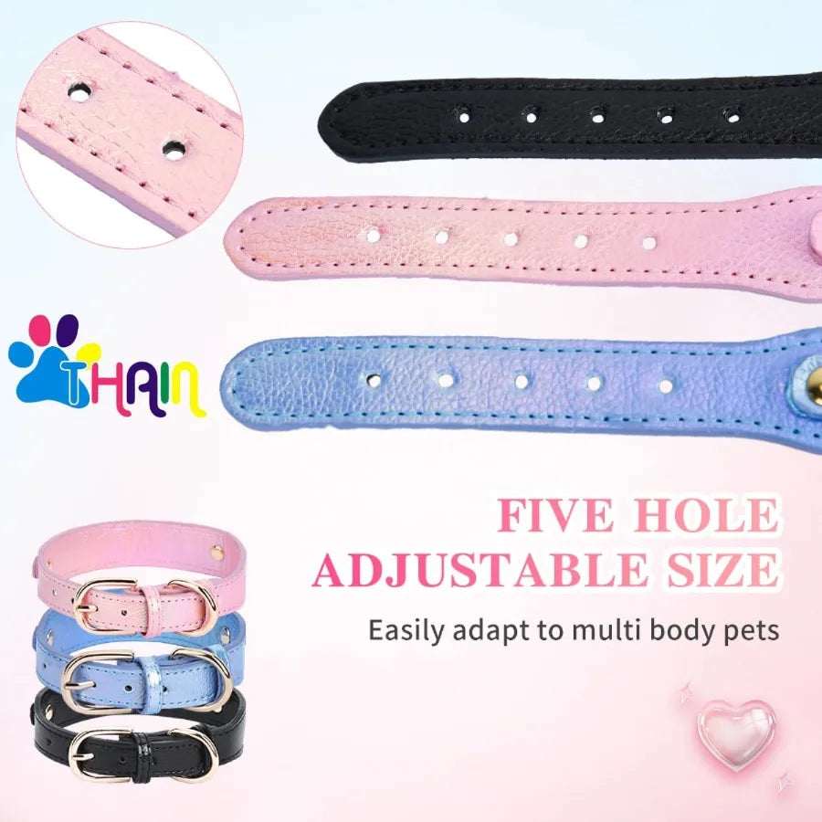 Fashion Dog Collar with Bling Diamonds Heart Charm 5 Holes Adjustable PU Leather Rhinestones Necklace Collar Gold Buckle for Sm