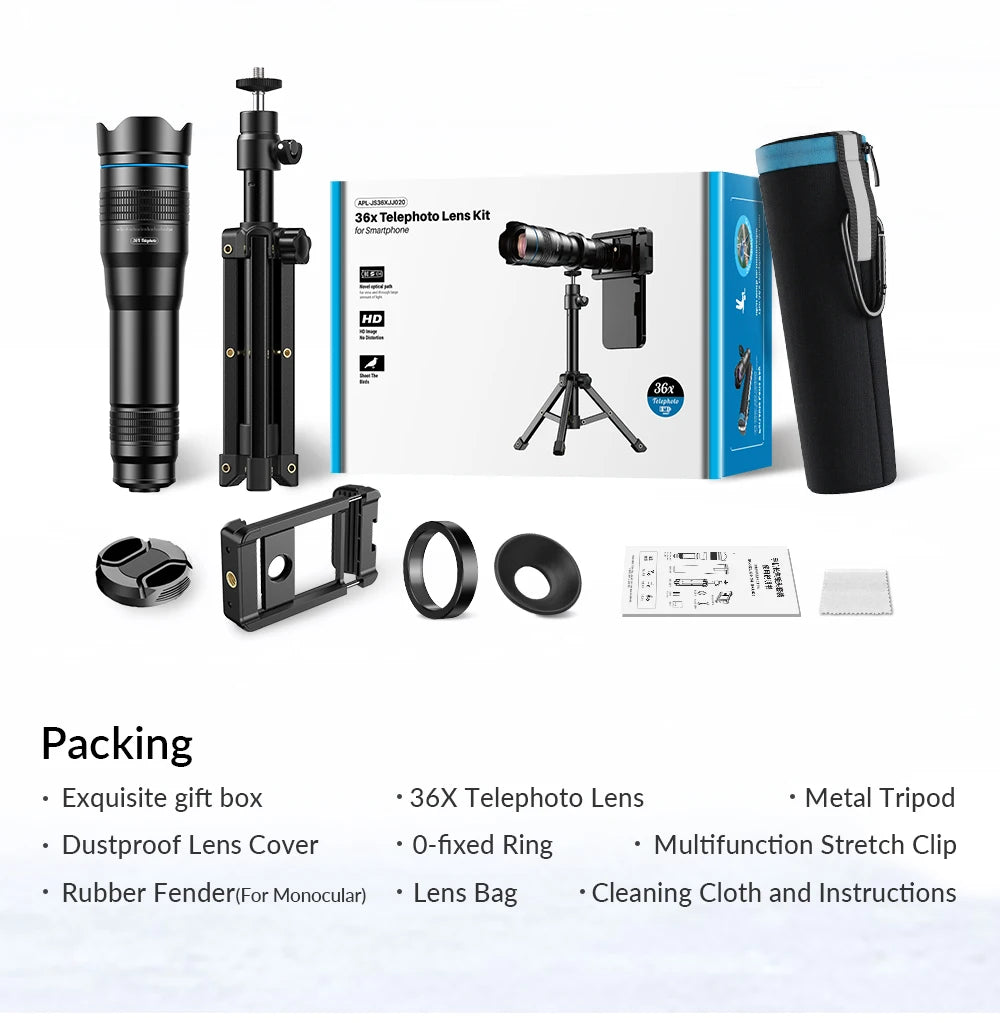 APEXEL 36X Metal Telephoto Lens with Tripod Zoom Telescope Monocular for iPhone Samsung Shooting Birds Watching Concert Sports