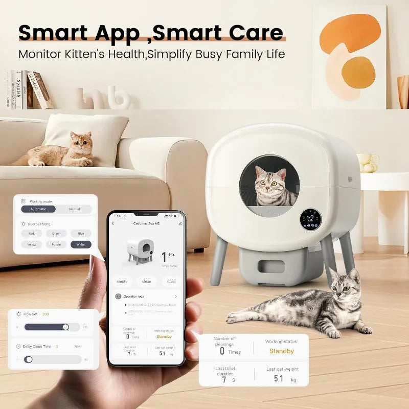 Extra Large Automatic Litter Box Self Cleaning for Multiple Cats, Odor-Free, App-Controlled, Ambient Light Waste Disposal