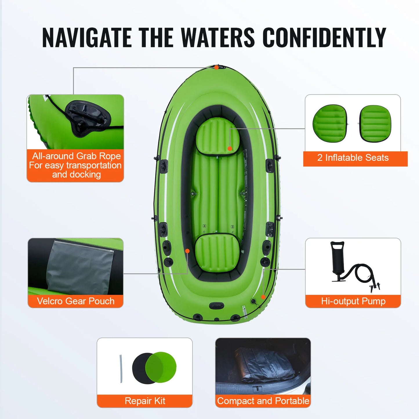 SucceBuy Inflatable Boat 4-Person Inflatable Fishing Boat Strong PVC Portable Boat Raft Kayak 45.6" Aluminum Oars Fit for Adults