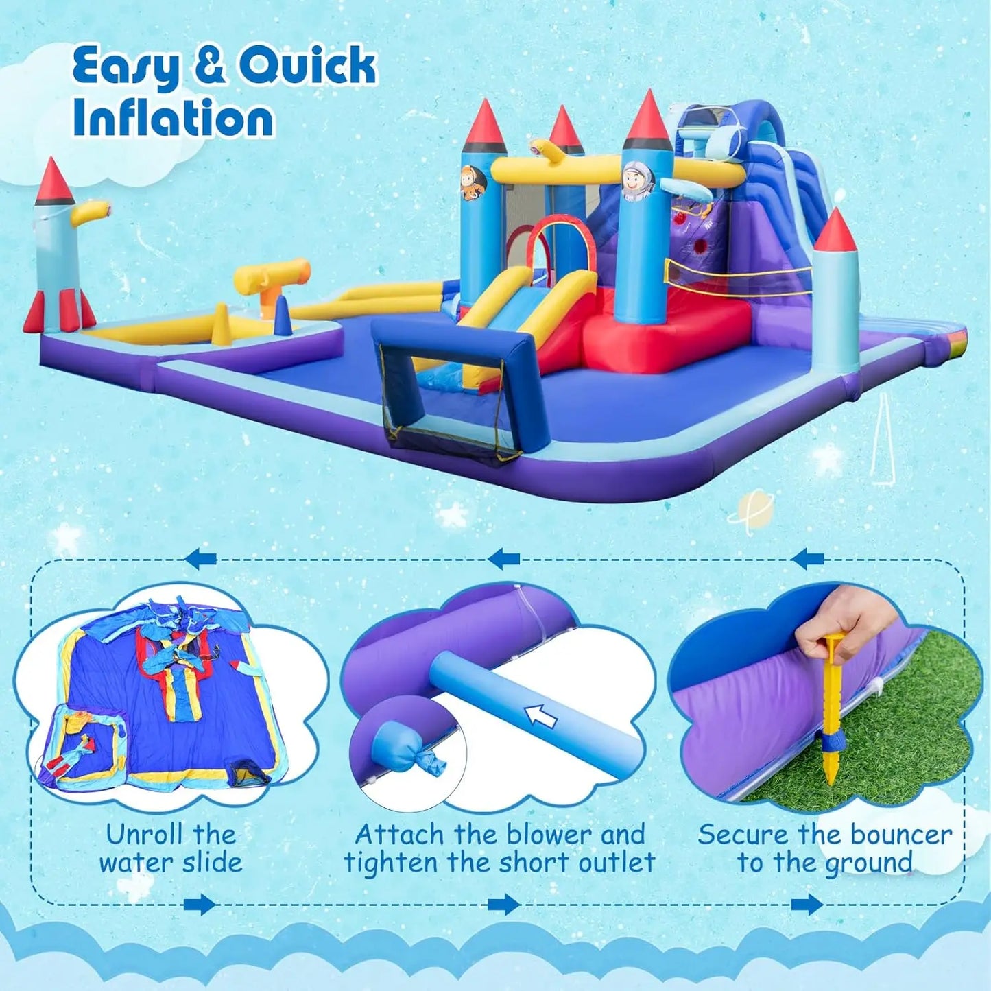 Inflatable Water Slide, Giant Waterslide Park Bounce House w/Dual Slides, Splash Pool, Volleyball & Football Goal, Blow Up Water