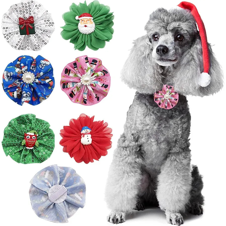 12pcs Christmas Small Dogs Collar Charms Flowers Bow Ties for Xmas Holiday Party Costumes Medium Dog Cats Doggies Collars Attac