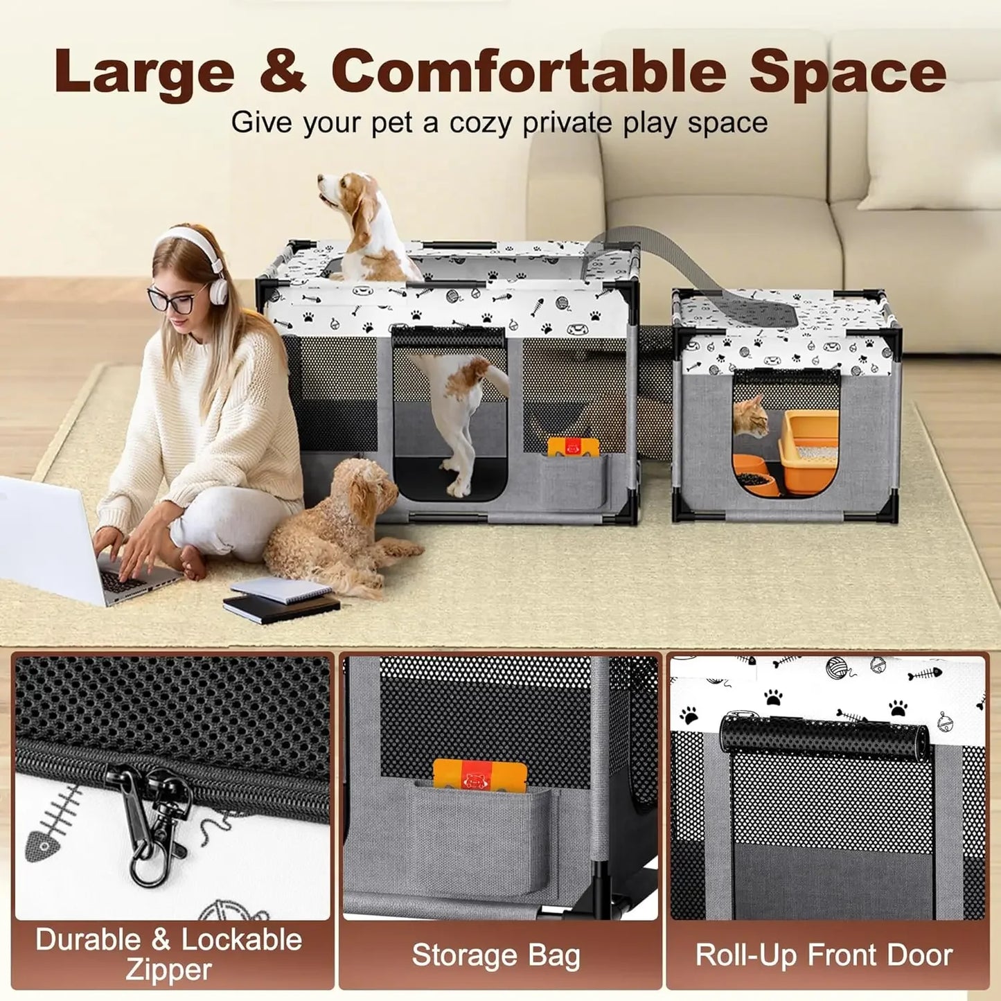 Portable Cat Playpen, Pet Dog Playpen, Kitten Puppy Play Pen for Indoor/Outdoor, Collapsible Cats Cages Enclosed Tent with Carry