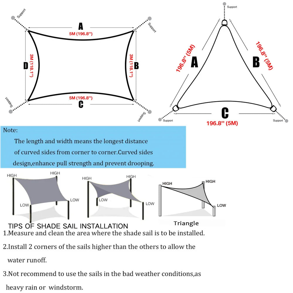 5x5x5/2x2x2M Waterproof Sun Shelter Triangle Sunshade Protection Outdoor Canopy Garden Patio Pool Shade Sail Awning Shade Cloth