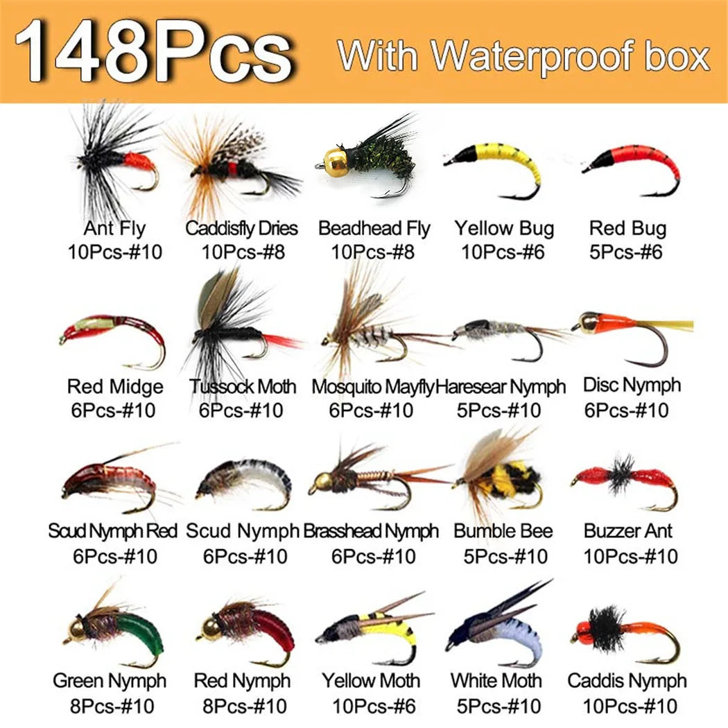40-148Pieces/Box Trout Fly Fishing Assorted Flies Kit Nymph Dry Wet Flies Fishing Fly Lure