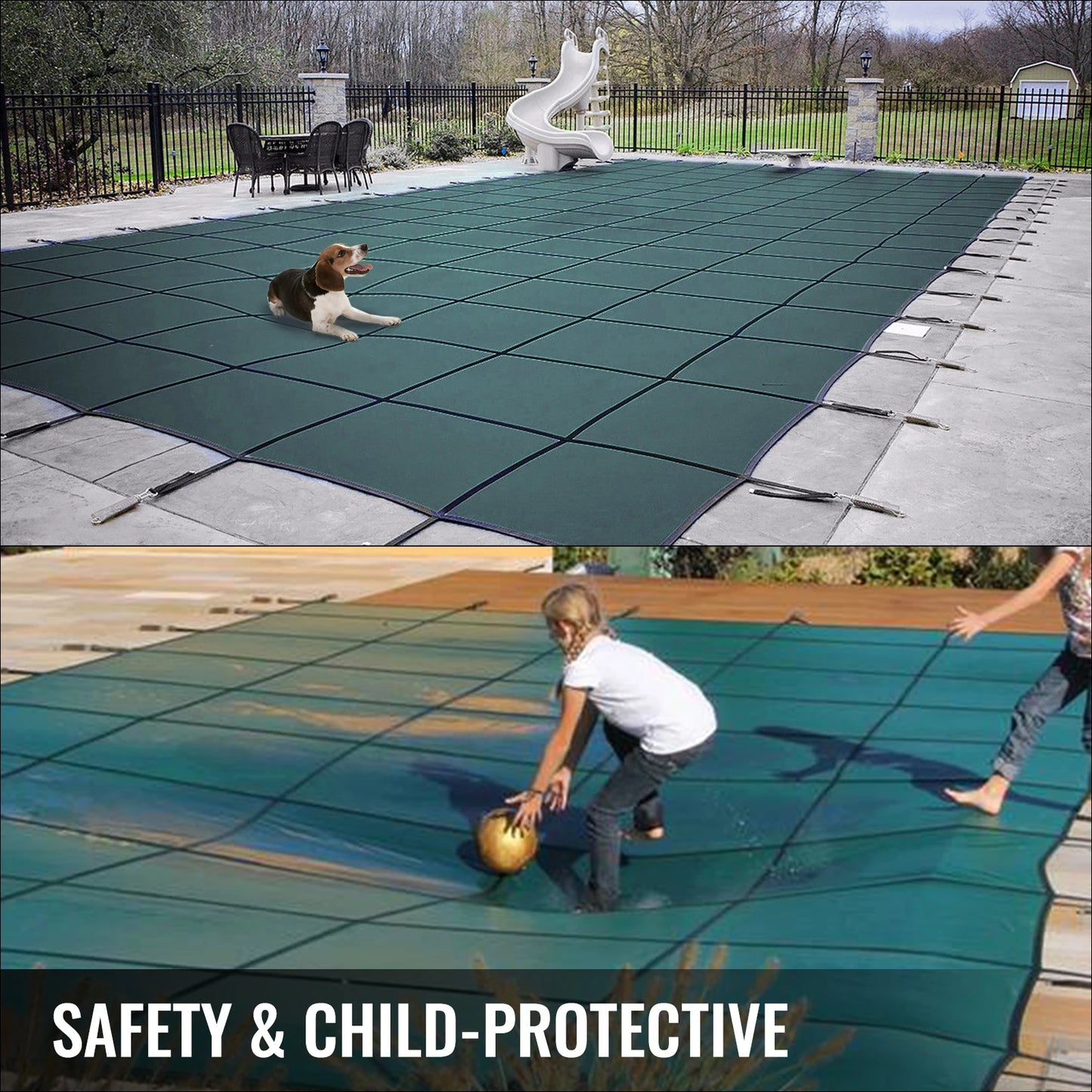 SucceBuy Swimming Pool Cover Inground Green Mesh Solid Rectangle Pool Safety Cover for Winter Home Safety Swimming Pool Cover