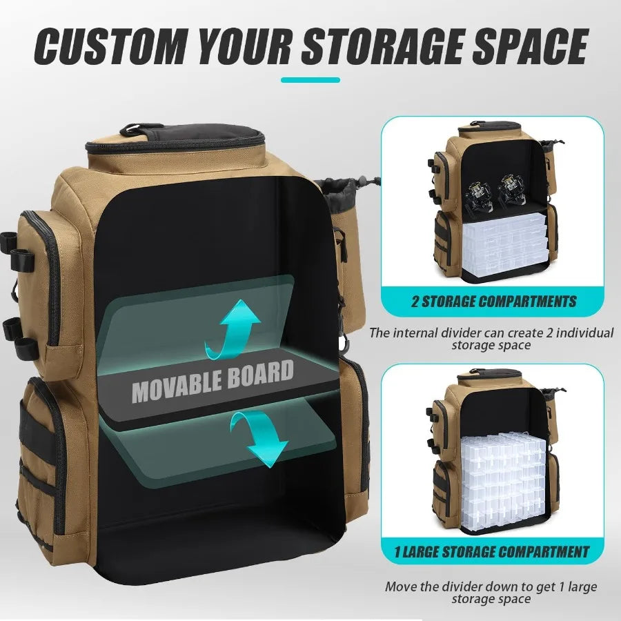 Tactical Fishing Backpack with Tackle Boxes Rod Holders Bottle Holder 50 L Large Durable Fishing Bag Store Gear and Equipment 9