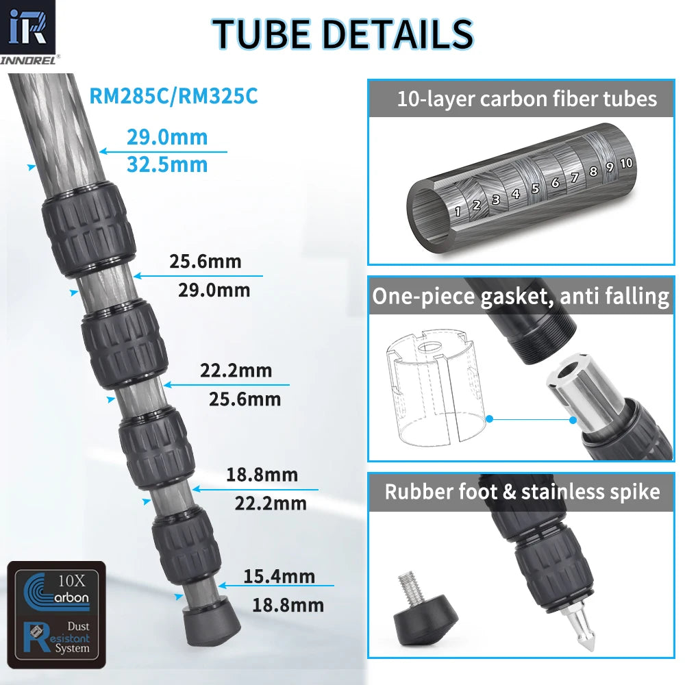INNOREL RM285C/RM325C Professional Travel Carbon Fiber Camera Monopod for Canon Nikon Sony DSLR Camera Video Camcorder 5-Section