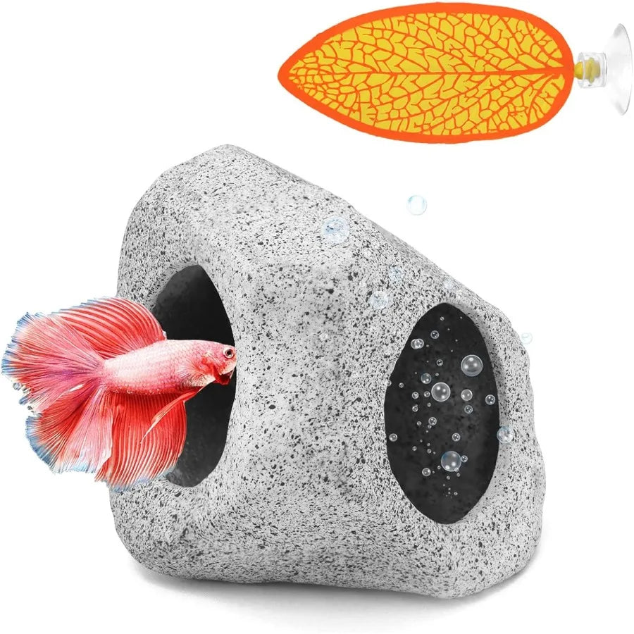 Aquarium Decorations Cave Rock with Betta Hammock for Fish Tank Accessories Small Fish Hideout Decor Stone and Leaf for Betta P
