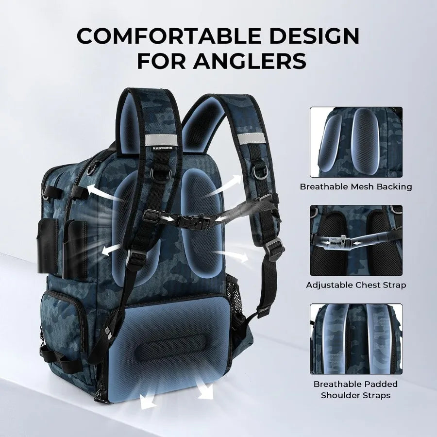 BaitSpace 50L Fishing Tackle Backpack with Removable Bait Binder 2 Rod Holders Durable Storage for Fishing Gear and Equipment I