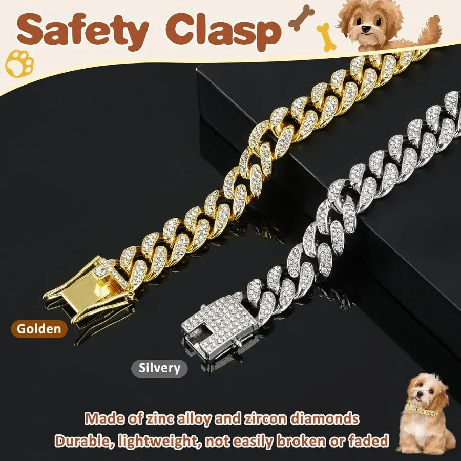 2 Pcs Dog Chain Collar Diamond Metal Dogs Chain Cuban Link Dog Necklace 12mm Wide with Secure Buckle Pet Collar Jewelry Accesso