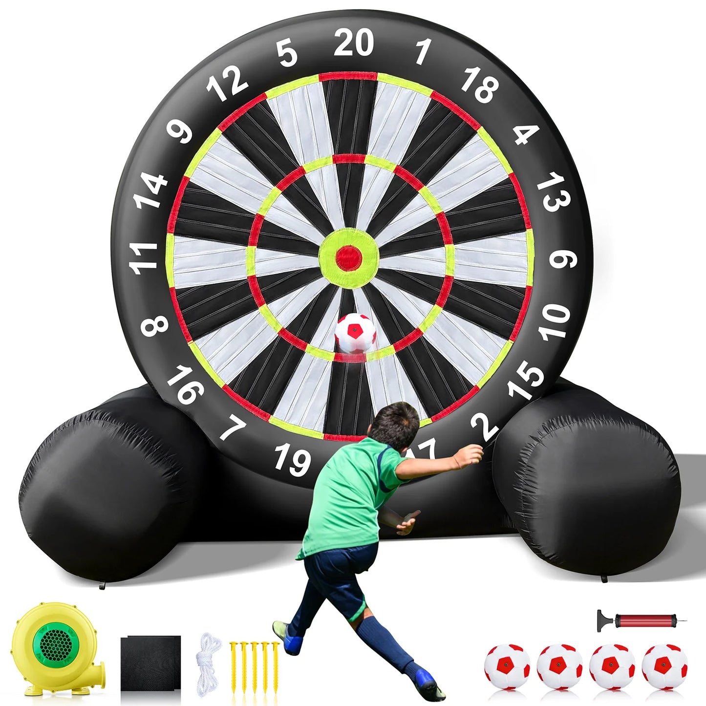 10.8ft Giant Outdoor Inflatable Soccer Darts Board with Soccer Balls & Blower for Kick Dartboard Sport Game(10FT Tall, Black)