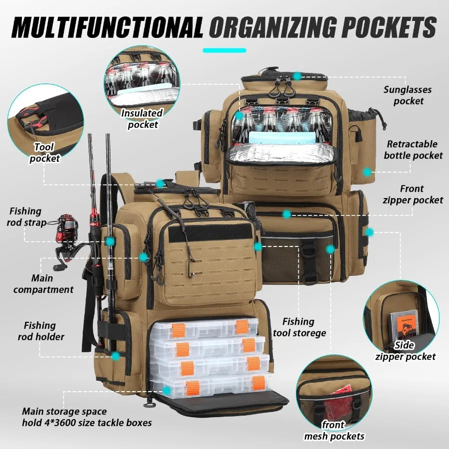 Tactical Fishing Backpack with Tackle Boxes Rod Holders Bottle Holder 50 L Large Durable Fishing Bag Store Gear and Equipment 9