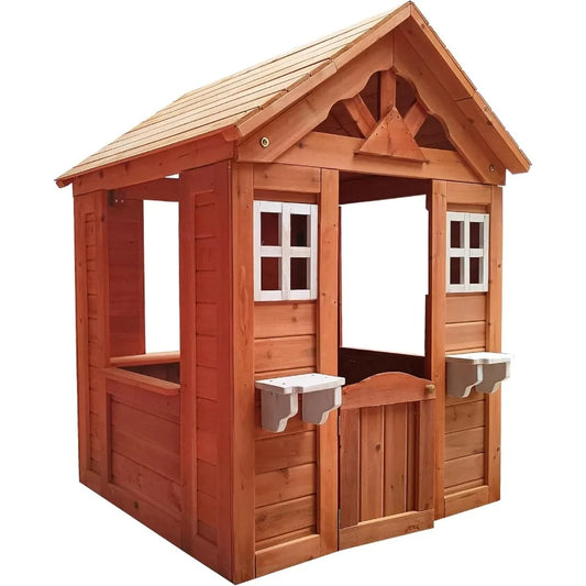 Wooden Outdoor Playhouse Outdoor Playhouse for with 2 Windows and Flowerpot Holder Cottage Playhouses for 3-10 Age Boy or Girl B