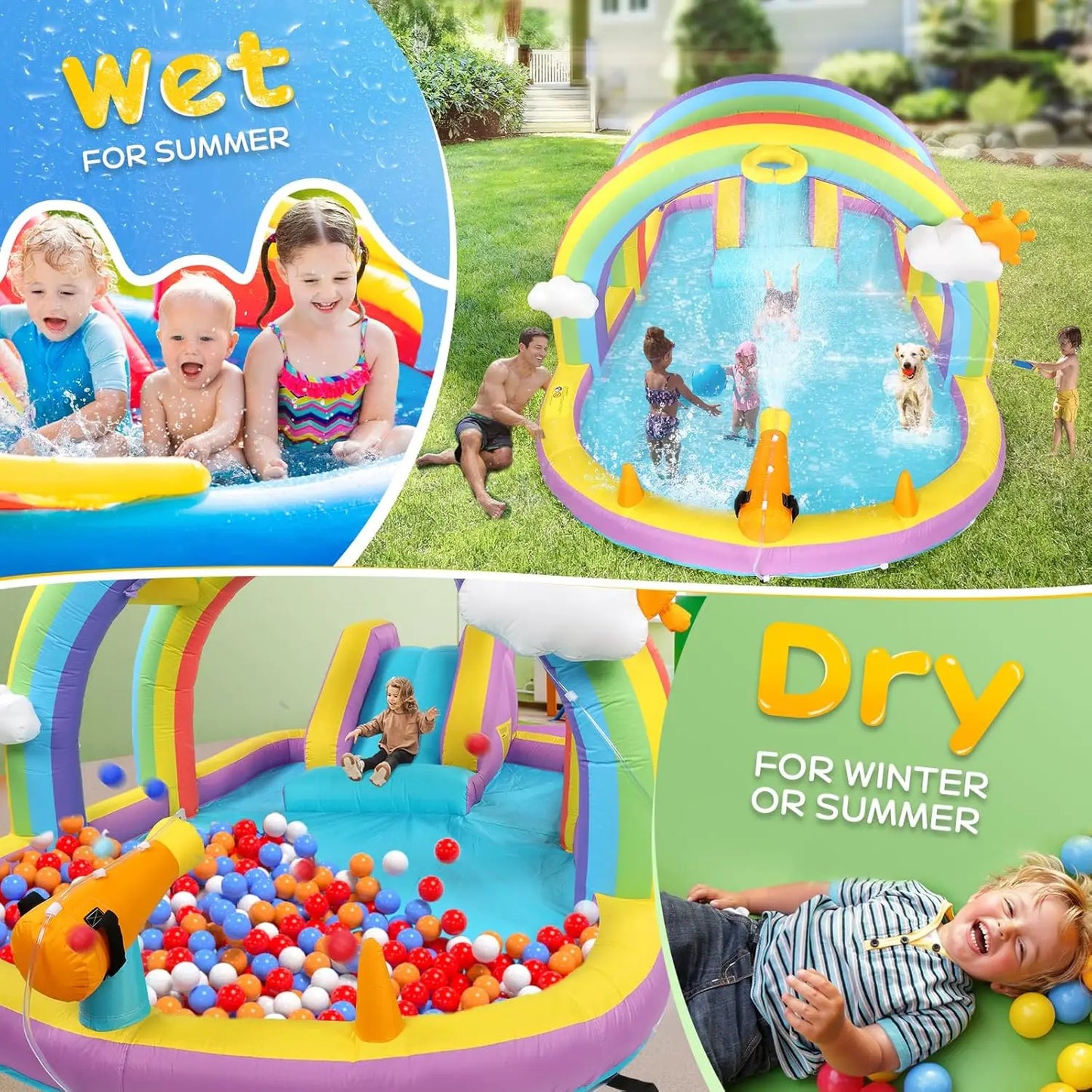 Inflatable Water Slide w/Climbing Wall, Water Cannon, Basketball Hoop, Kids Water Slide Bounce House w/Arch Sprinklers, 30s Blow