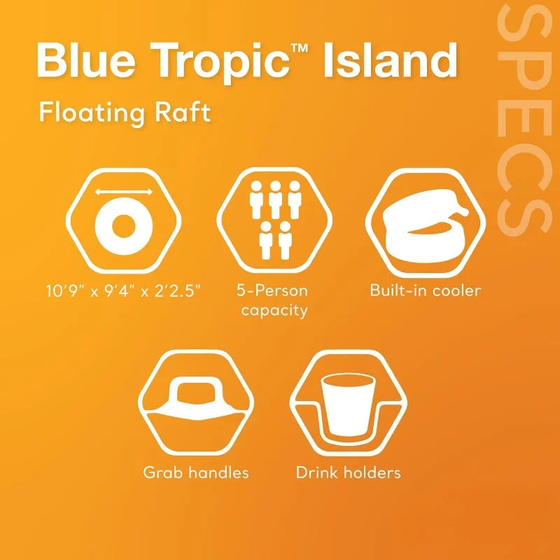 Blue Tropic Inflatable 5 Person Raft or Swimming Pool Island Water Floating Lounger Raft with Backrests, Built in Cooler,