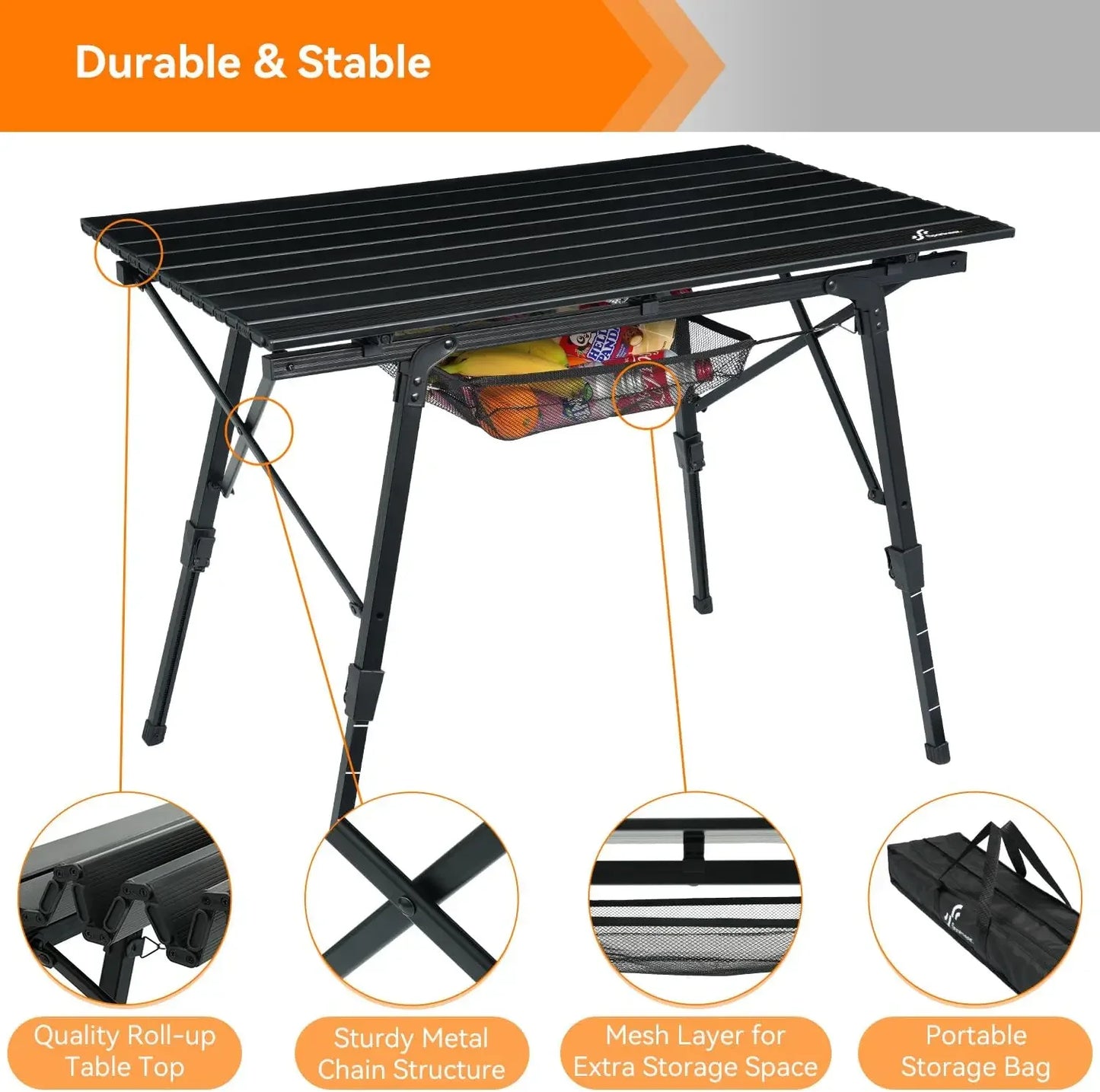 Customizable Camping Tables That Fold Up Lightweight, Adjustable Height Aluminum Folding Table with Top Mesh Layer, Roll Up Camp
