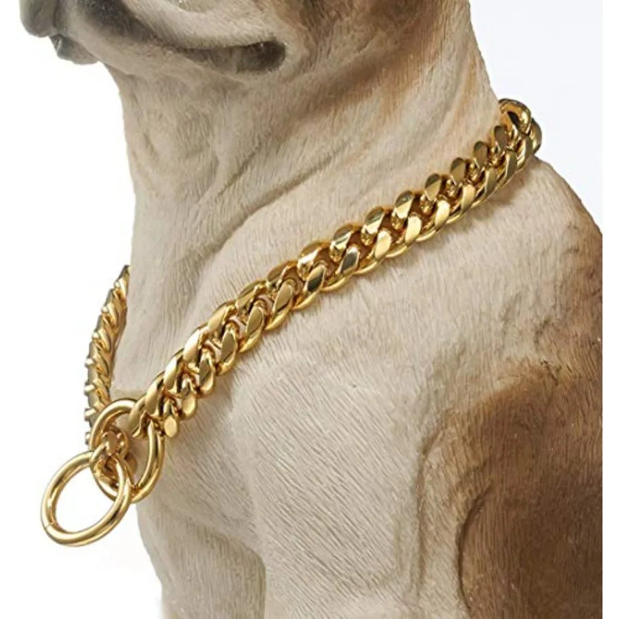 Strong 18K Gold Plated Dog Chain Collar Stainless Steel Width 10mm12mm 15mm 18mm Cuban Link Choke Collar for Dog's Training Dai