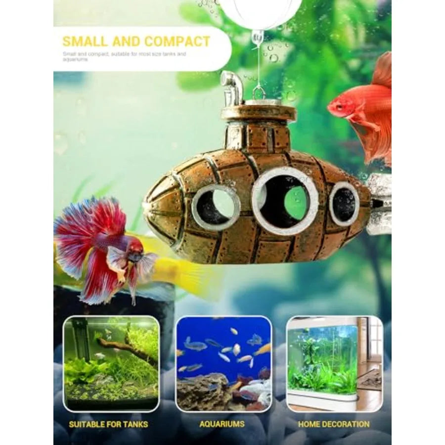 Floating Fish Tank Decoration Little Cute Retro Submarine Aquarium Decoration with Two Float Balls Resinous Fish Tank Accessori