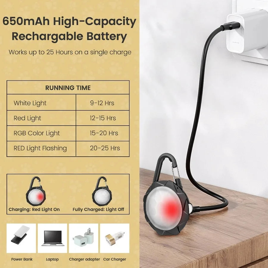 Dog Lights for Night Walking 2 Pack Clip On Dog Collar Light with 4 Modes 650mAh Rechargeable LED Pet Collar Charm for Nighttim