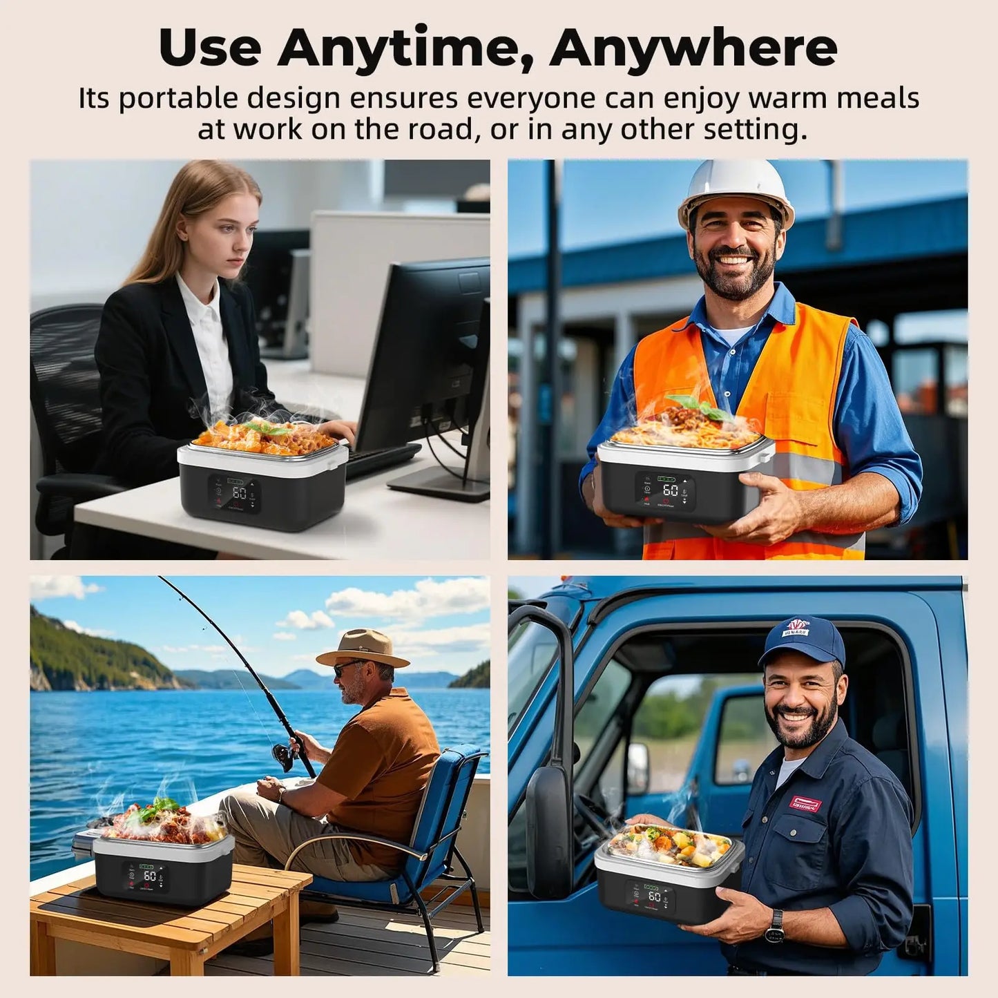 Wireless Electric Insulated Lunch Box - Built-in 8000mAh Battery, 60W Heating Lunch Box 1L Stainless Steel Lunch Box Food Warmer