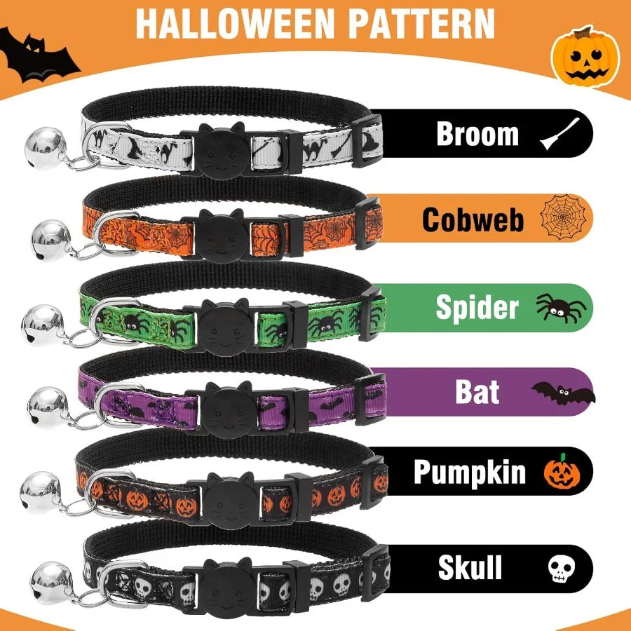 Halloween Cat Collar with Bell 6 Packs Breakaway Soft Adjustable Kitten Kitty Collars for Small Pet Puppy Bunny with Safety Rel
