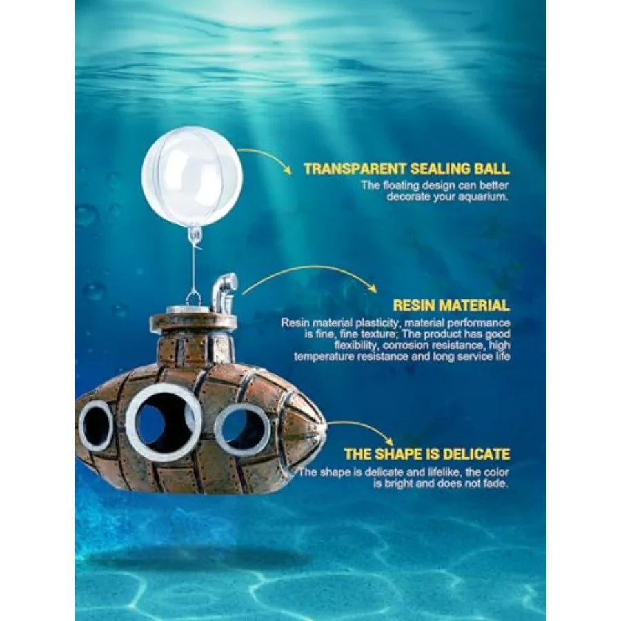 Floating Fish Tank Decoration Little Cute Retro Submarine Aquarium Decoration with Two Float Balls Resinous Fish Tank Accessori