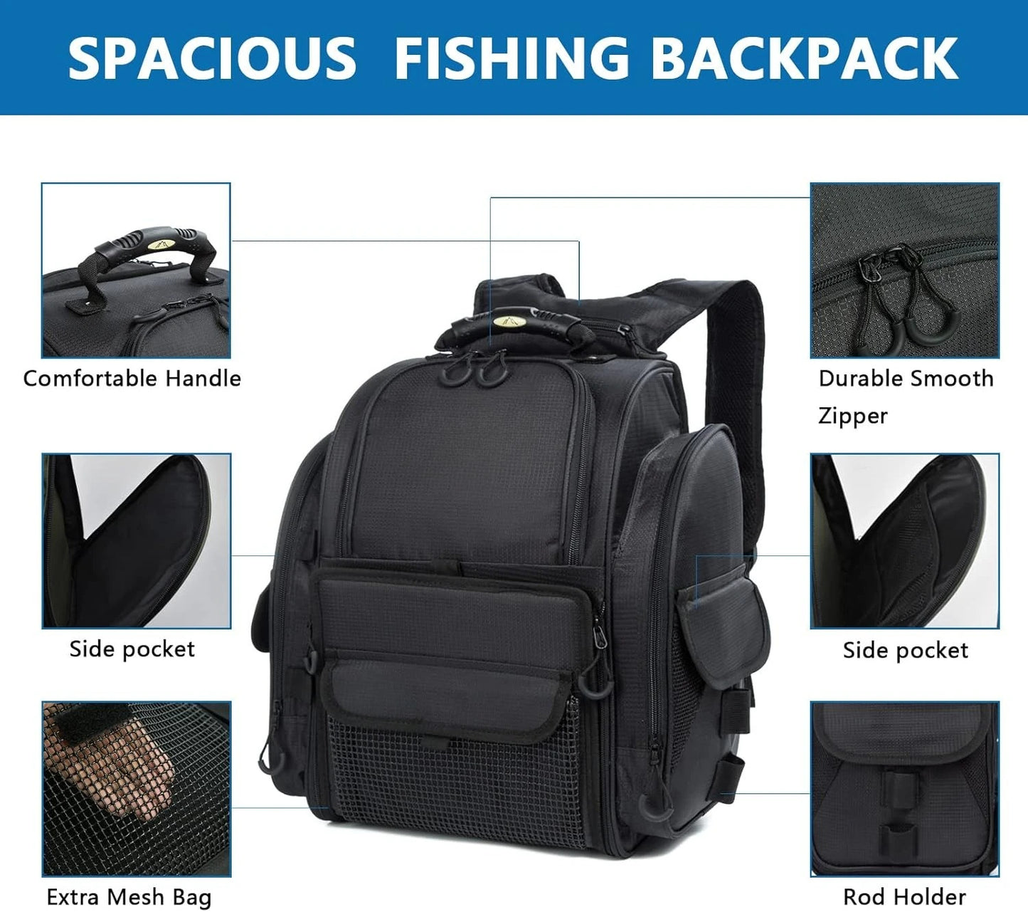 Fishing Tackle Bag Backpack for Men with 4 Tackle Boxes, 2 Rod Holder, Rain Cover, Large Fishing Equipment Gear Bags for Camping