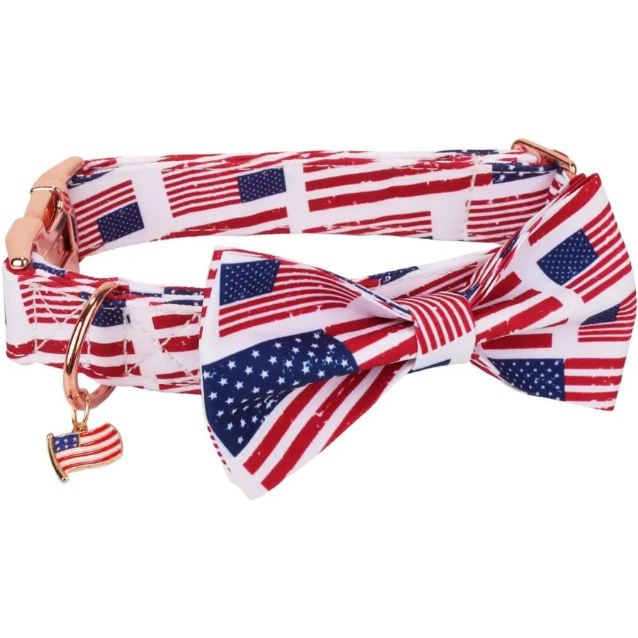 American Flag Dog Collar with Bow Tie Adjtable Patriotic 4th of July Pet Collars for Small Dogs Small