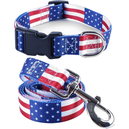 2PCS Cat Dog 4th of July Collar and Leash Set Pet Gift Adjtable Dogs American Flag Collars for Small to Large Pets Large