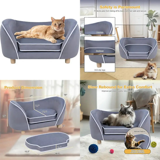 "gray 27-inch pet sofa with cushion, removable cover and wooden legs for small dogs and cats"
