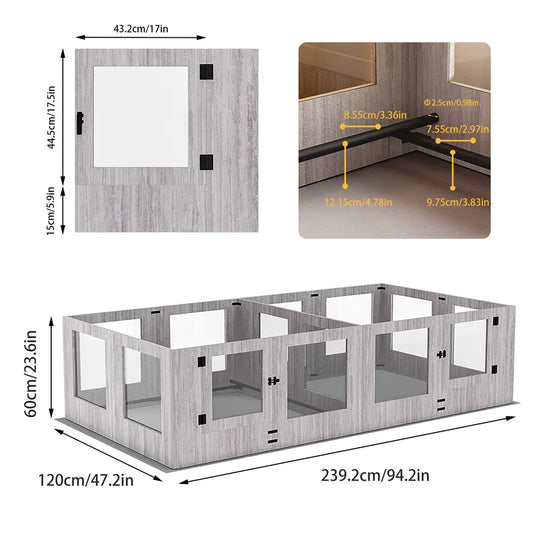 XXL Dog Whelping Box Playpen Indoor Tempered Glass Pet Two Rooms Giving Birth Kennel Playpen with Rails Waterproof Fertility Pad